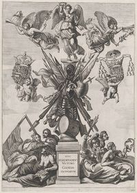 Armorial trophy on a Tuscan column, surrounded by allegorical figures and cherubs bearing the armorial shields of Ferdinand; from Guillielmus Becanus's 'Serenissimi Principis Ferdinandi, Hispaniarum Infantis